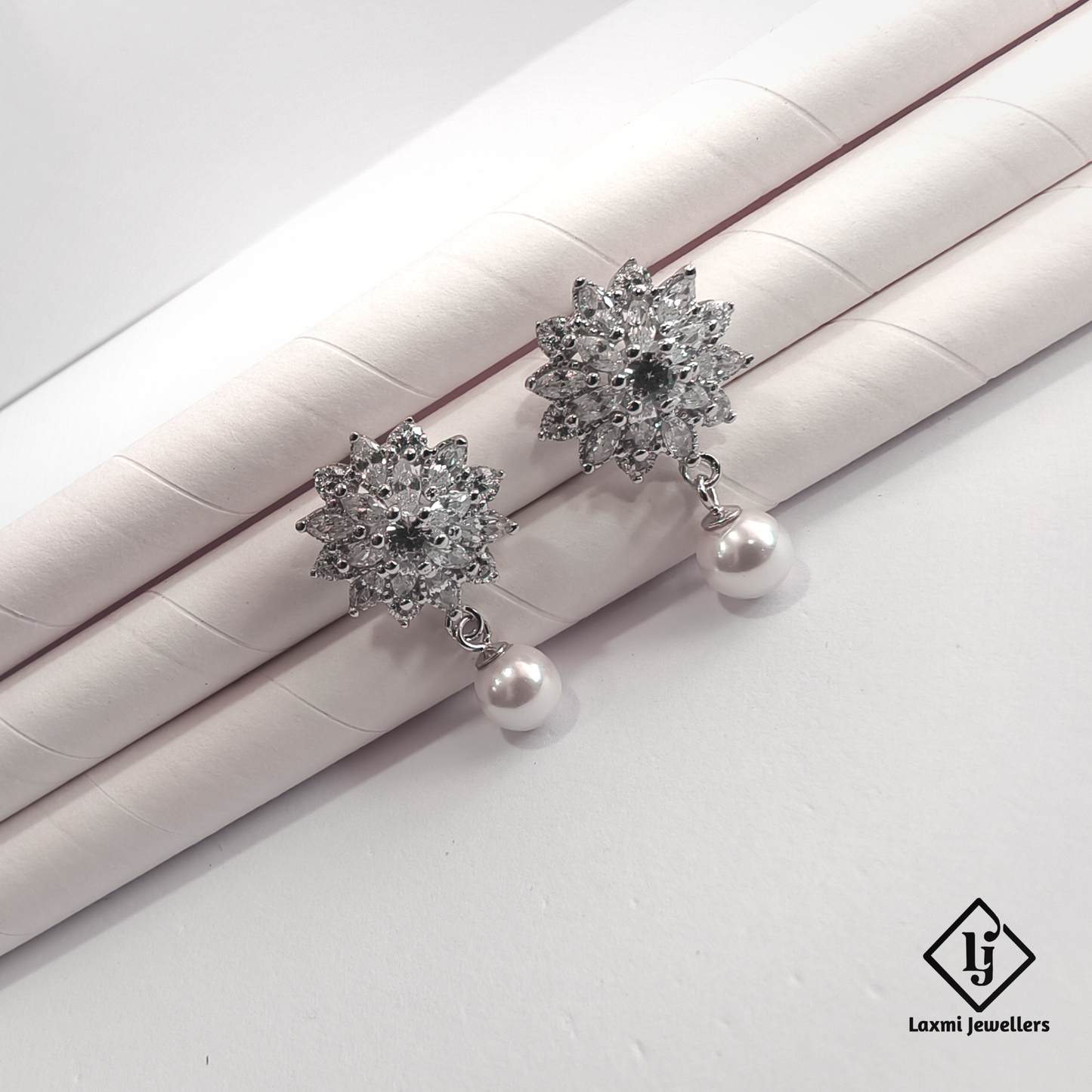 Designer Floral Crystal Pearl Drop Silver Earrings for Women | Party & Wedding Wear