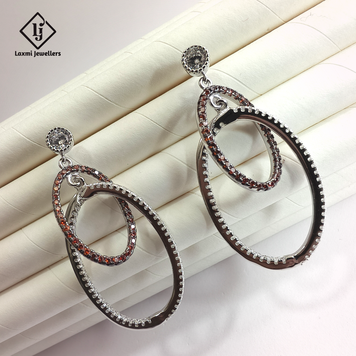 925 Silver Dual Oval Hoop Dangler Earrings for Women | Designer CZ Party Wear Earrings