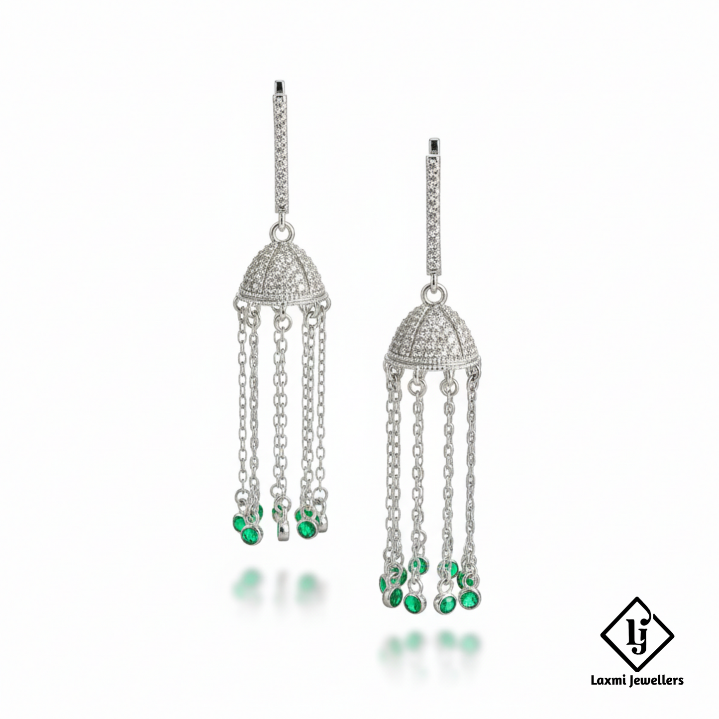 925 Sterling Silver Bali Style Jhumka Earrings with Green Stones | Designer Chain Drop Earrings