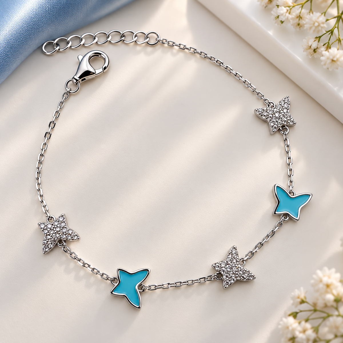 925 Sterling Silver Blue Butterfly & Sparkling Star Bracelet for Women | Ladies Bracelet – Laxmi Jewellers