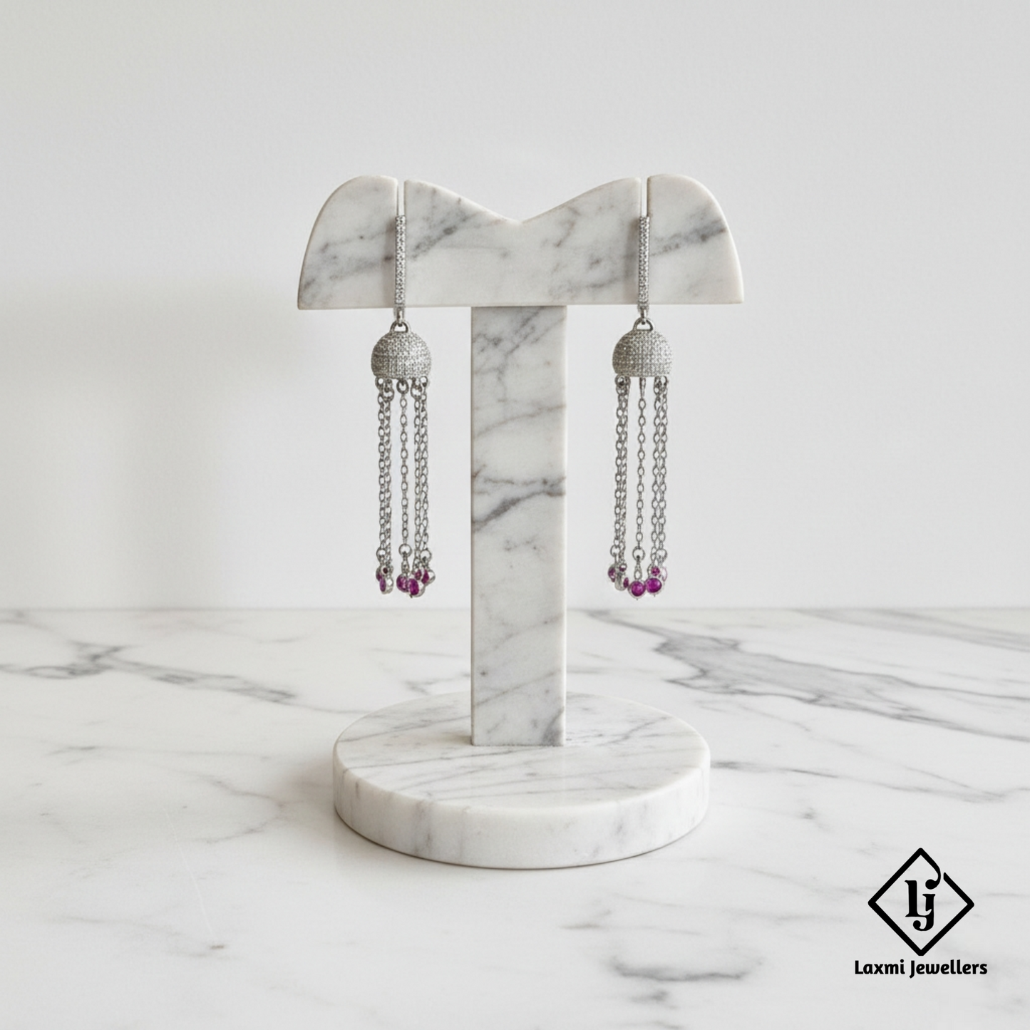 925 Silver Chain Jhumka Drop Earrings for Women | Designer CZ & Pink Stone Danglers