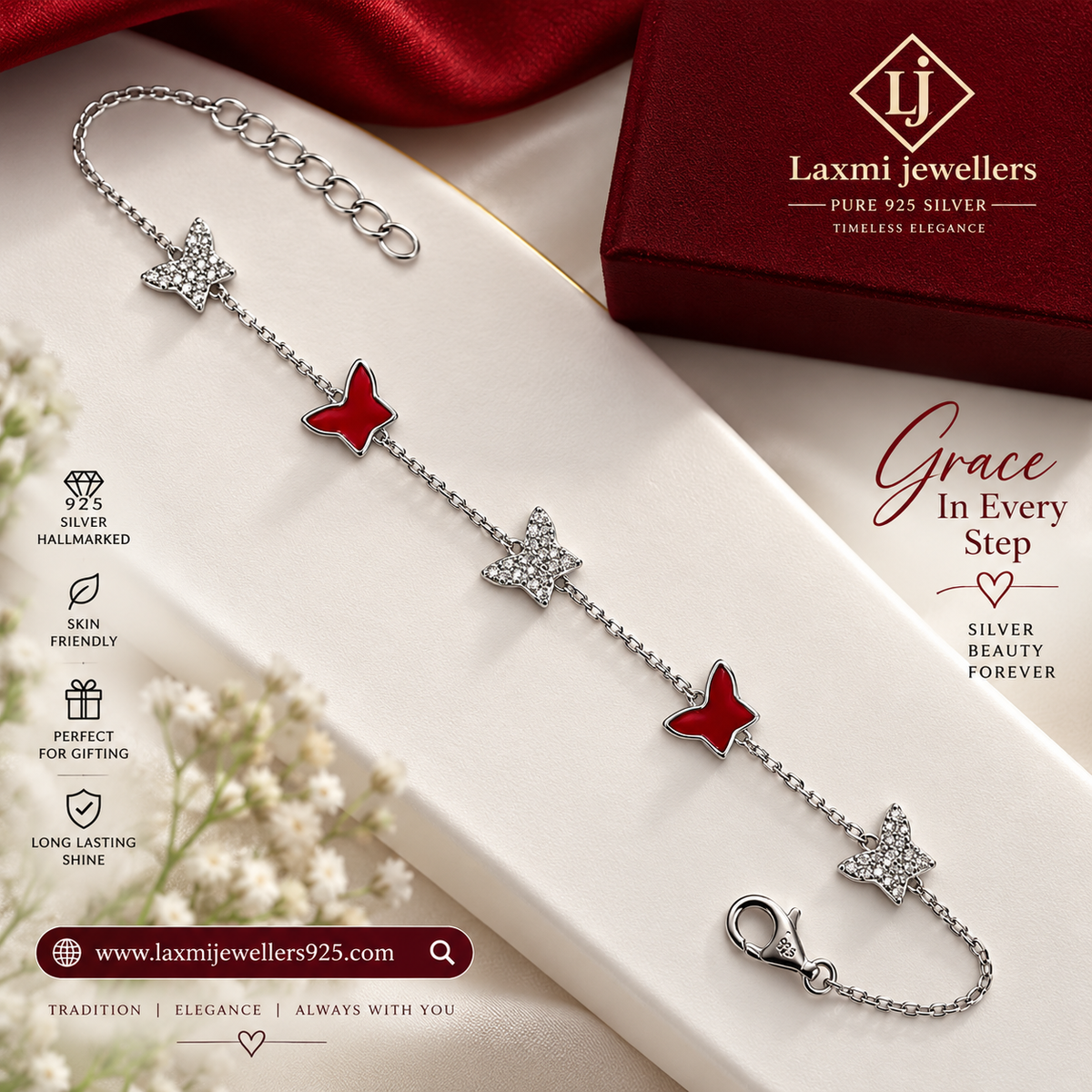 925 Sterling Silver Red & White Star Bracelet for Women | Star Charm Bracelet – Laxmi Jewellers