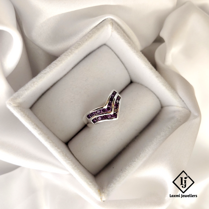 925 Silver V-Shaped Purple CZ Ring for Women – Stylish Party Wear Band