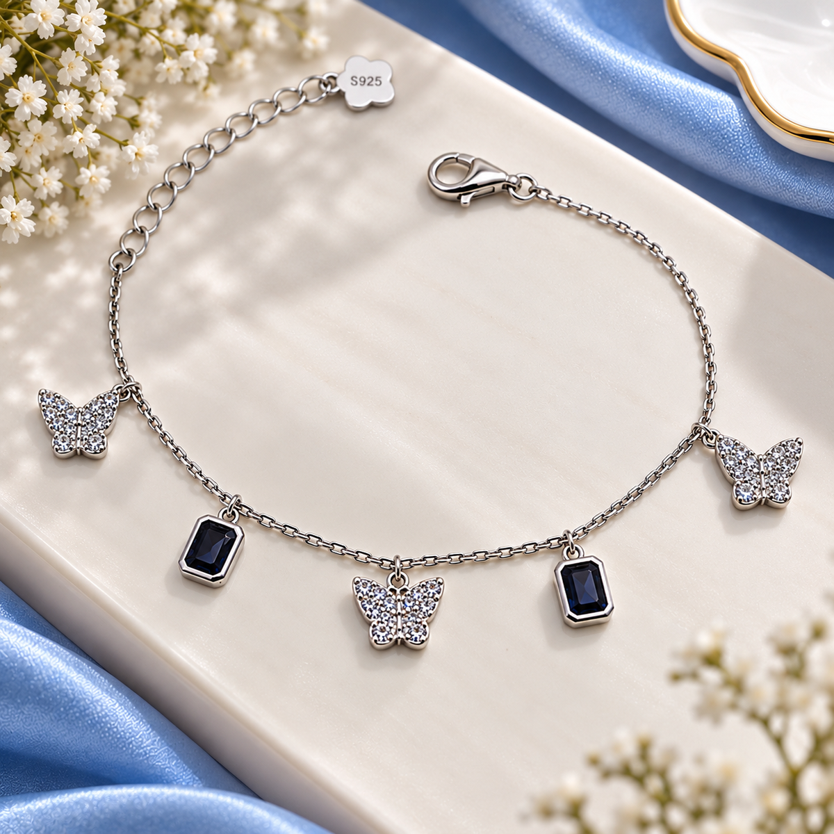 925 Sterling Silver Butterfly Bracelet for Women | Blue Stone Charm Bracelet – Laxmi Jewellers