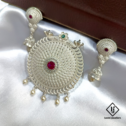 925 Silver Round Pendant Set with Ruby Center & Pearl Drops – Ethnic Designer Jewellery