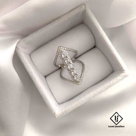 Silver American Diamond V-Shape Statement Ring for Women