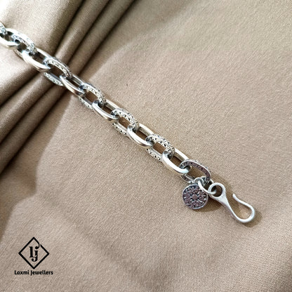 925 Sterling Silver Engraved Link Chain Bracelet with Hook Clasp – Unisex Handmade Design