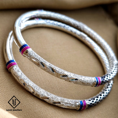 925 Silver Textured Bangles for Women with Purple & Blue Meenakari – Traditional Kada Design