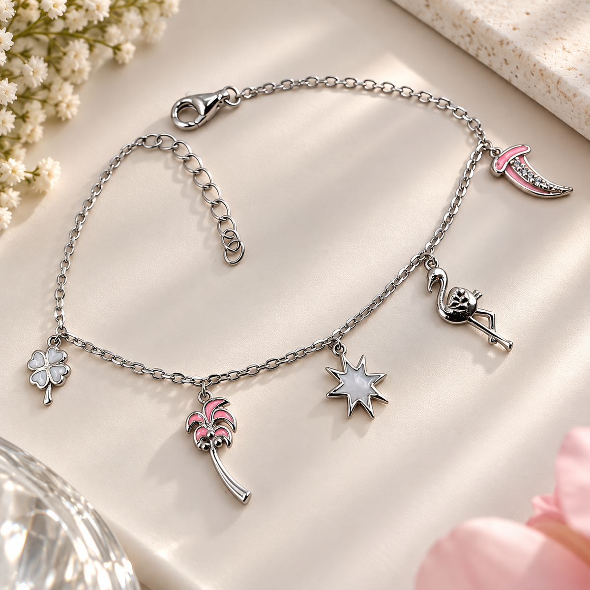 925 Sterling Silver Charm Bracelet for Women | Pink Flamingo, Palm & Star Design – Laxmi Jewellers