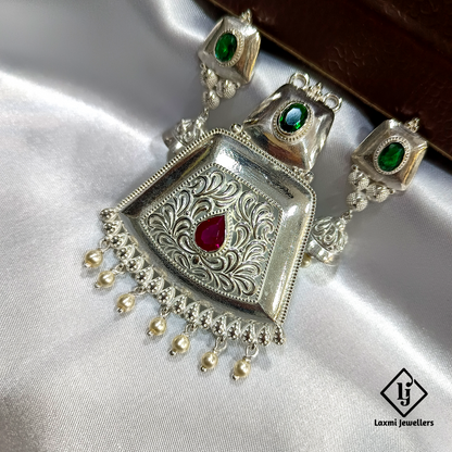 Handcrafted Silver Pendant with Red & Green Stone Inlay and Pearl Dangling Beads – Ethnic Designer Jewelry