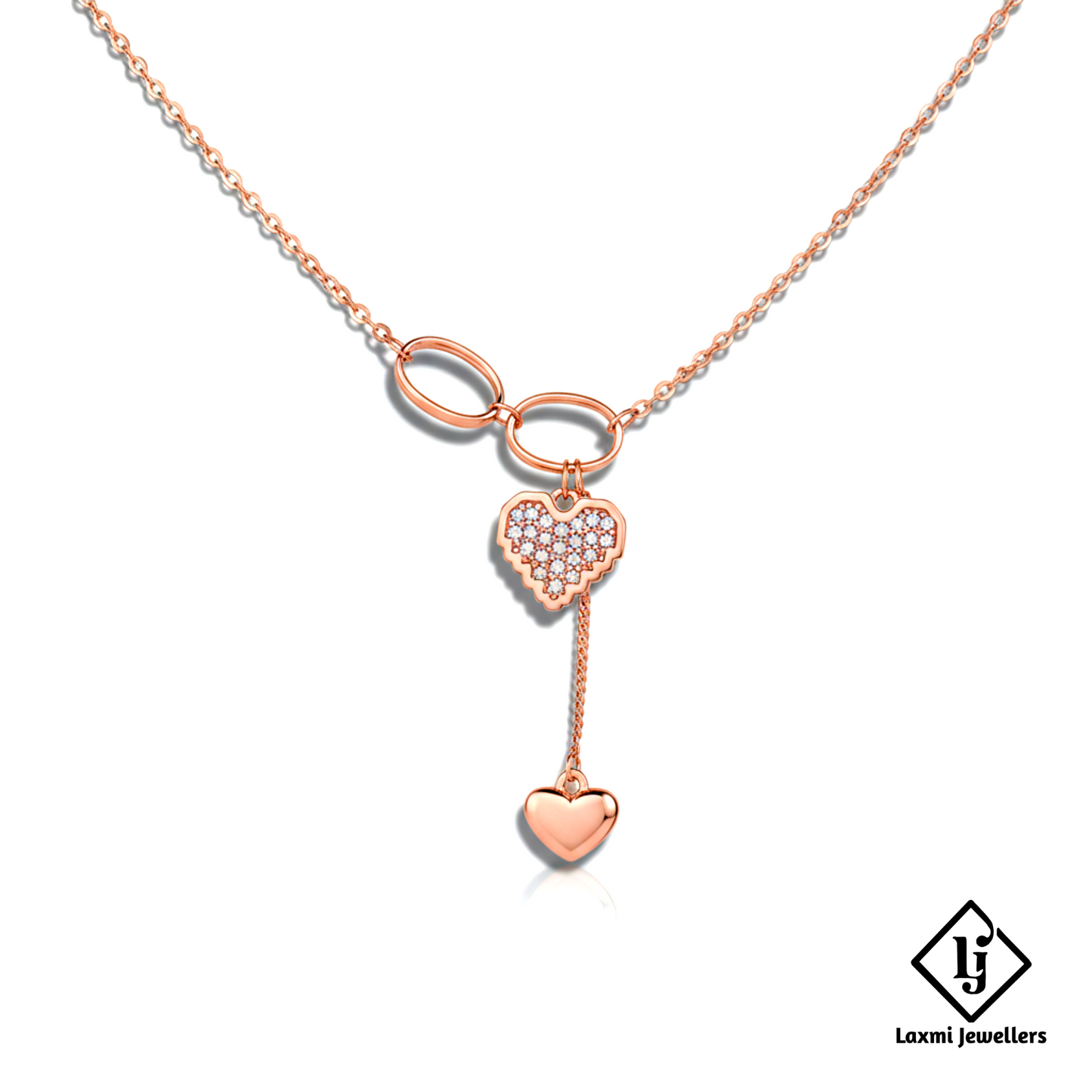 925 Sterling Silver Rose Gold Double Heart Diamond Pendant Necklace for Women | Designer Love Chain