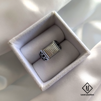 925 Silver Rectangle CZ Diamond Ring for Men | Stylish Oxidised Design