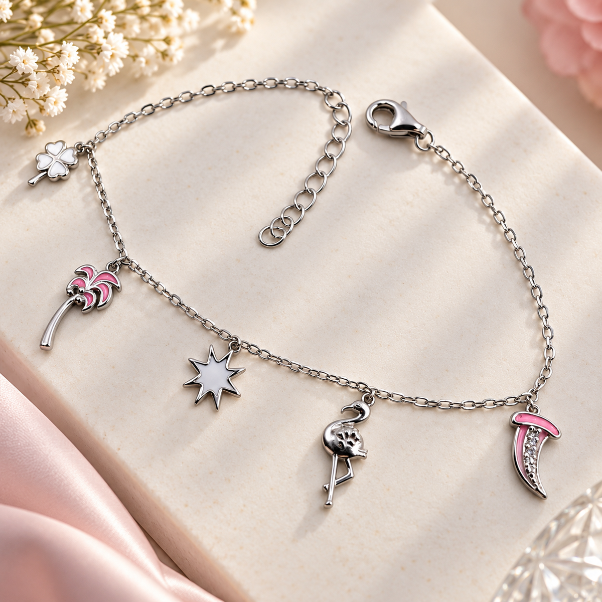 925 Sterling Silver Charm Bracelet for Women | Pink Flamingo, Palm & Star Design – Laxmi Jewellers