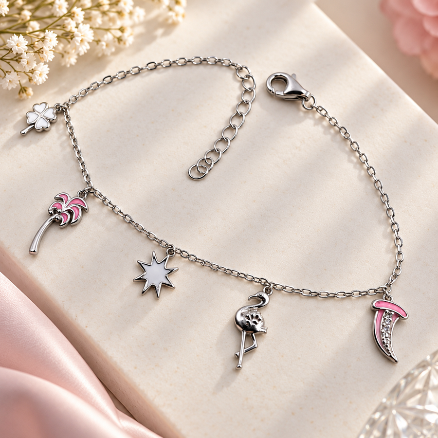 925 Sterling Silver Charm Bracelet for Women | Pink Flamingo, Palm & Star Design – Laxmi Jewellers