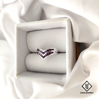 925 Silver V-Shaped Purple CZ Ring for Women – Stylish Party Wear Band