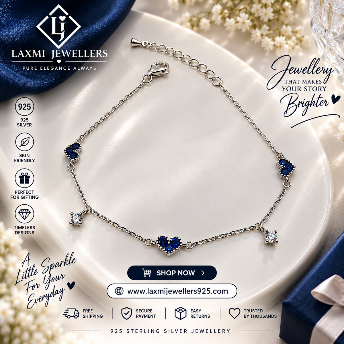 925 Sterling Silver Blue Heart Bracelet for Women | Elegant Ladies Bracelet – Laxmi Jewellers