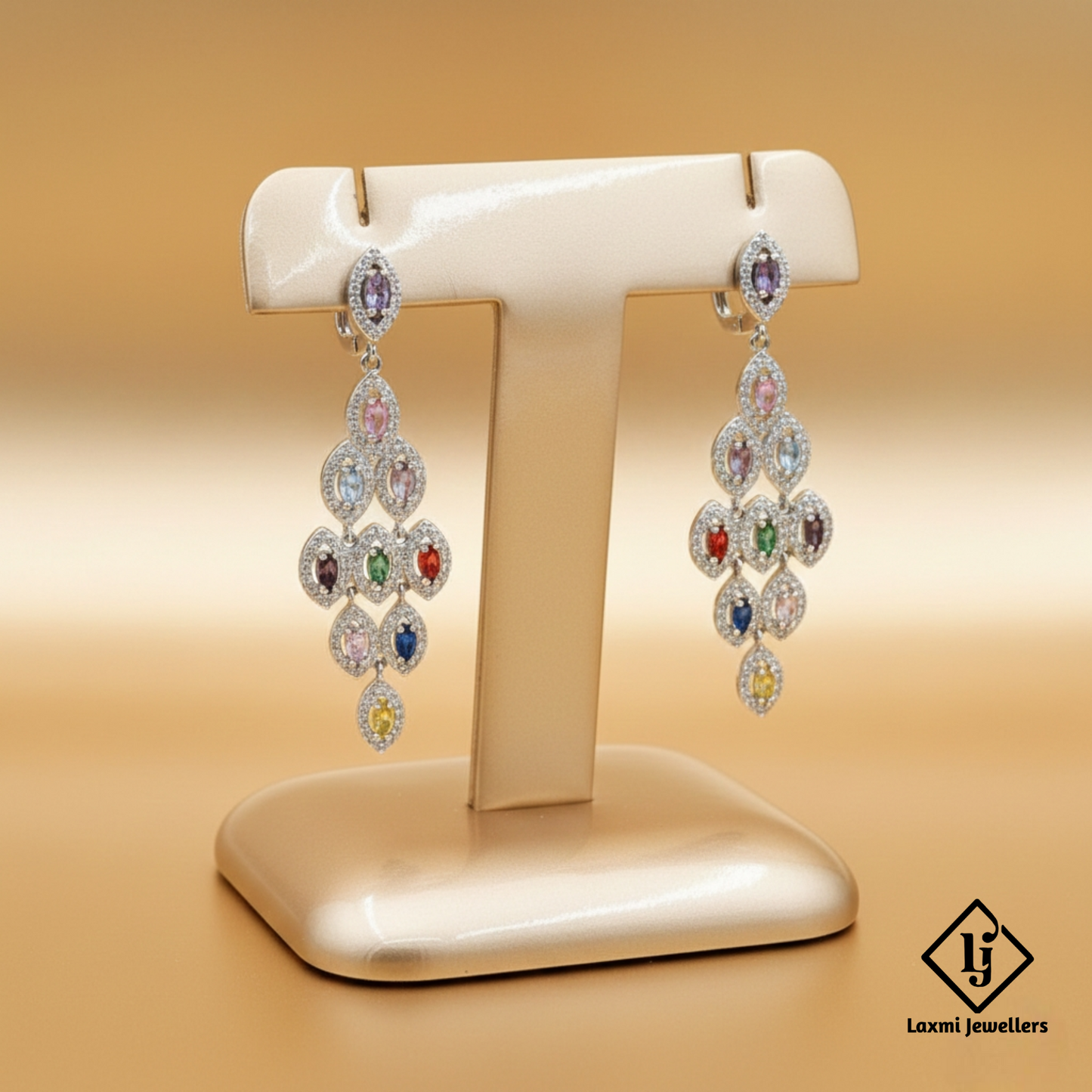 925 Silver Multicolour Stone Dangler Earrings for Women | Designer CZ Party Wear Earrings