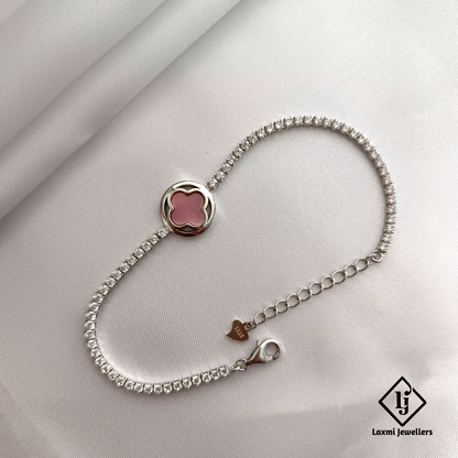 925 Silver Adjustable Bracelet with Pink Clover Charm – Elegant CZ Stone Design for Women