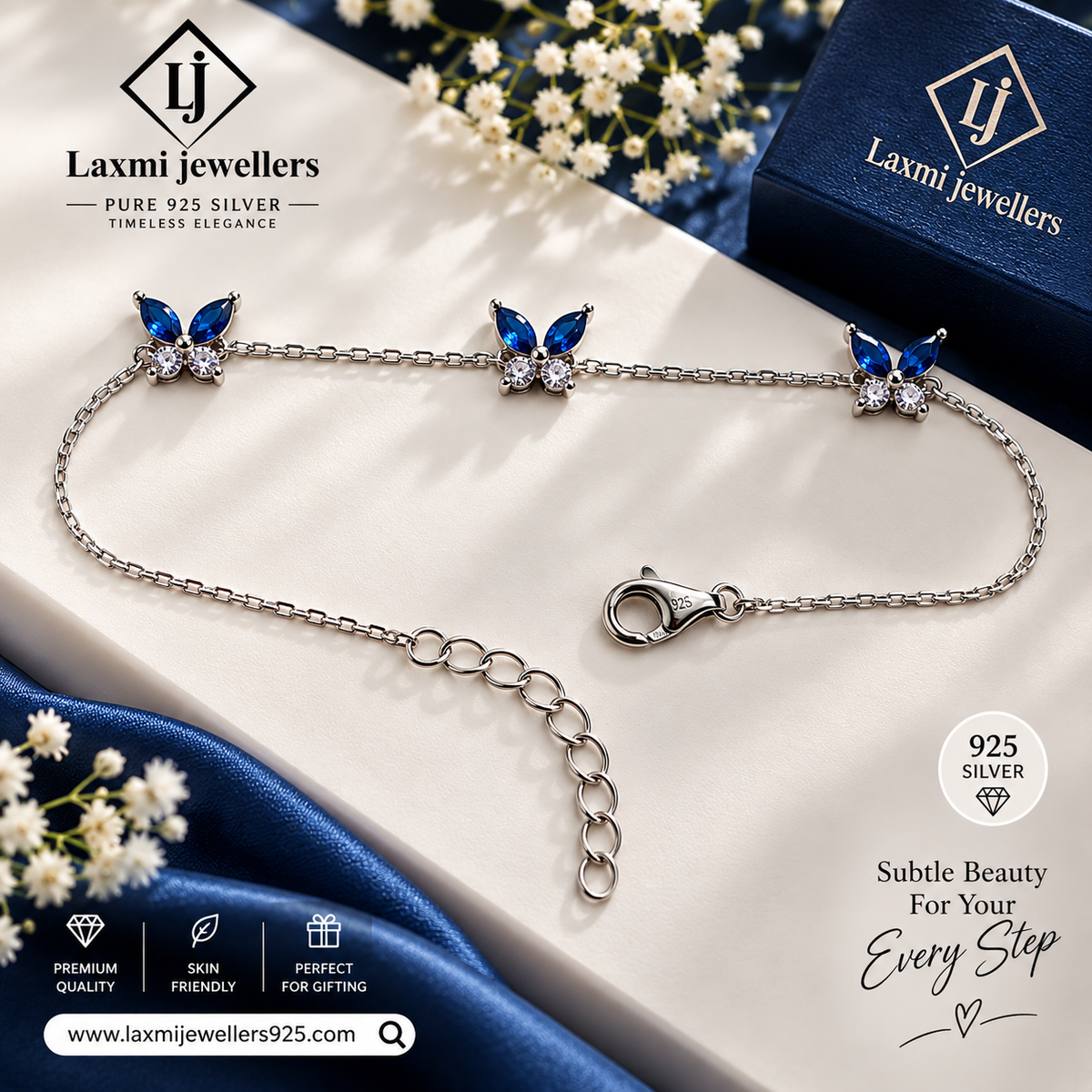 925 Sterling Silver Blue Butterfly Bracelet for Women | Elegant Blue Stone Bracelet – Laxmi Jewellers