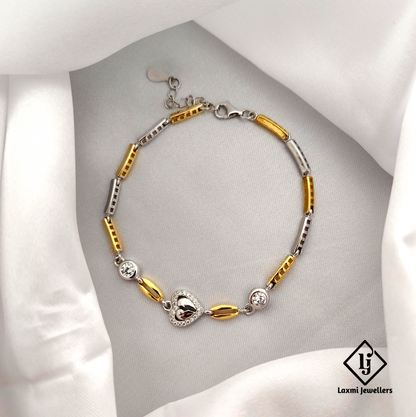 925 Silver Heart Bracelet with Gold Accents & CZ Stones | Stylish Couple Jewelry