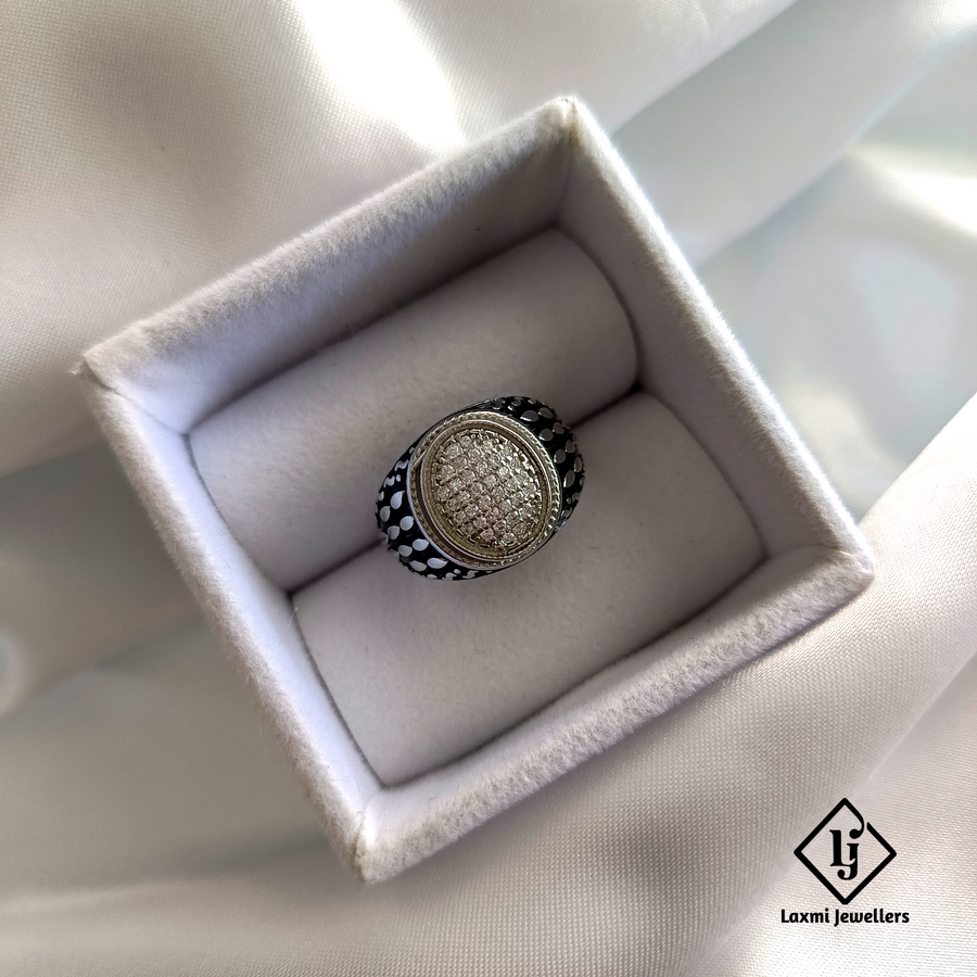 925 Silver Oval CZ Stone Men's Ring with Black Dot Textured Design