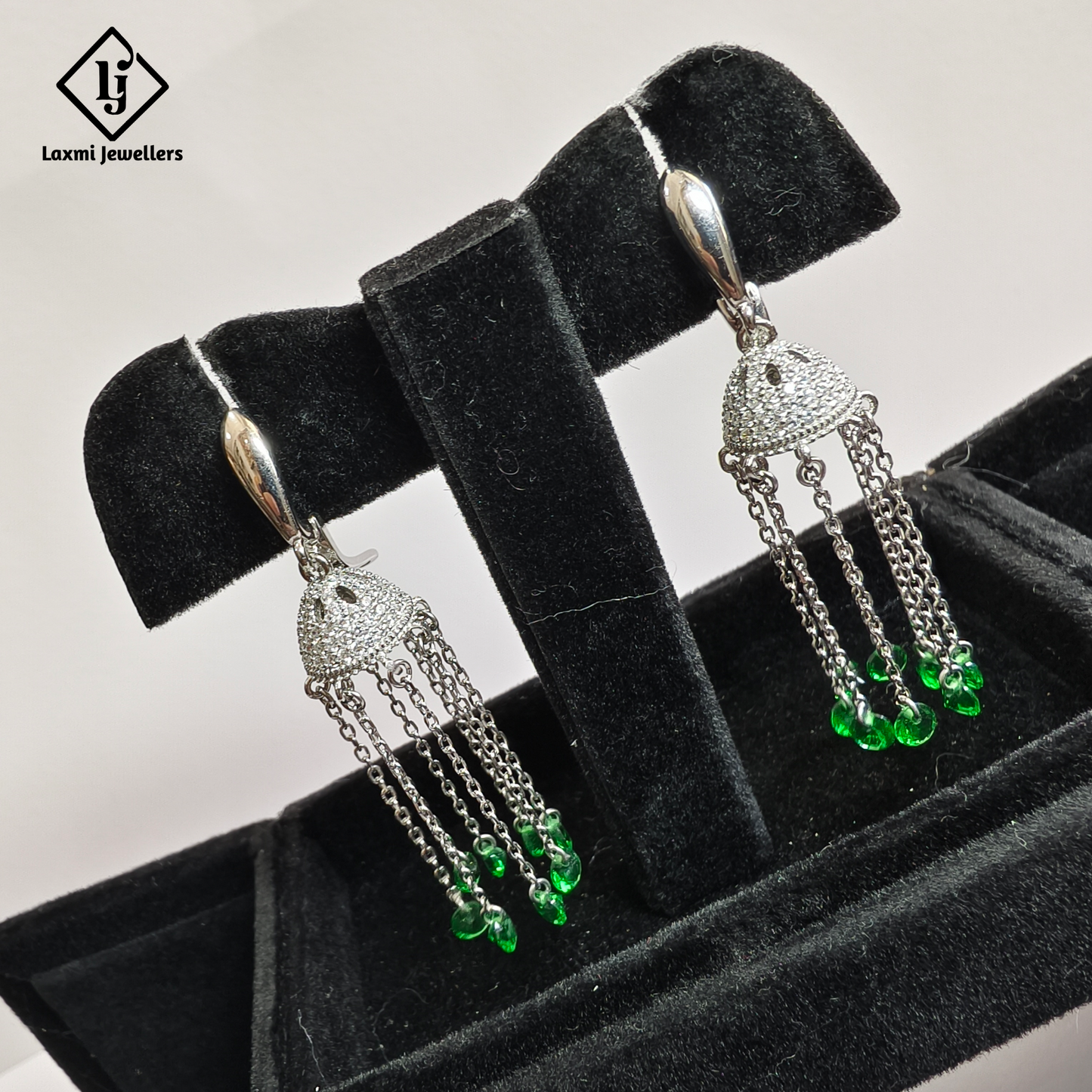 925 Sterling Silver Green Beads Jhumka Drop Earrings for Women | Designer Chain Tassel Earrings