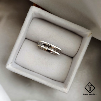 Elegant Sterling Silver Double Band Ring with Textured Chevron Design – Modern Minimalist Jewelry