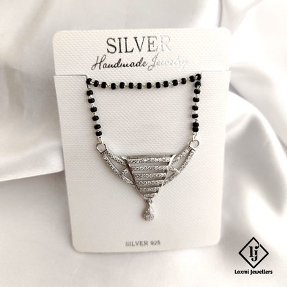 925 Sterling Silver Mangalsutra Necklace with Sparkling Crystal Pendant – Traditional Black Beads Design