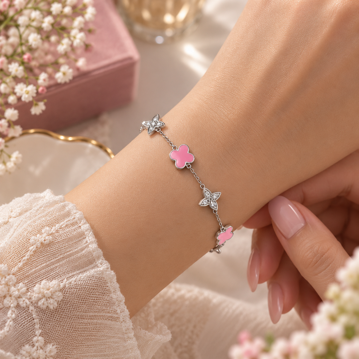 925 Sterling Silver Pink Clover & Sparkling Flower Bracelet for Women | Ladies Bracelet – Laxmi Jewellers