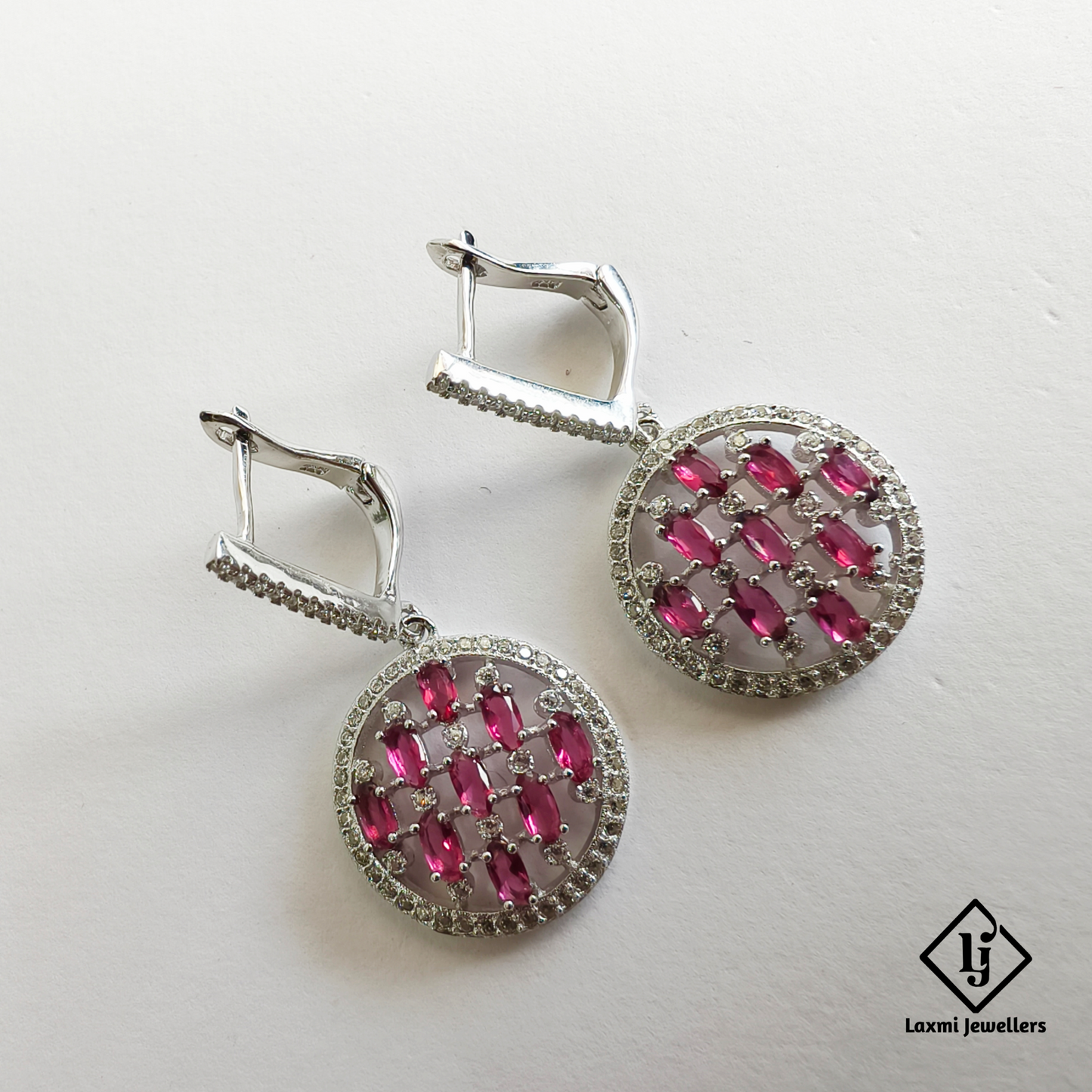 925 Sterling Silver Pink Stone Round Drop Earrings | Designer Party Wear Earrings for Women
