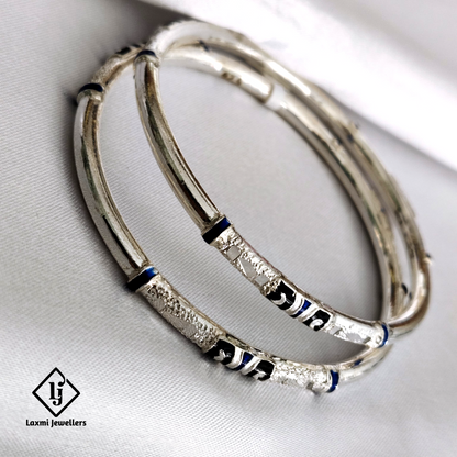 925 Sterling Silver Bangles for Women with Black & Blue Enamel Design – Traditional Handmade Kada