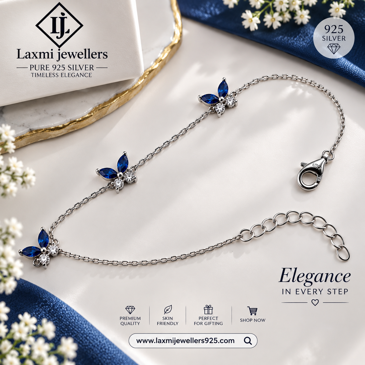 925 Sterling Silver Blue Butterfly Bracelet for Women | Elegant Blue Stone Bracelet – Laxmi Jewellers