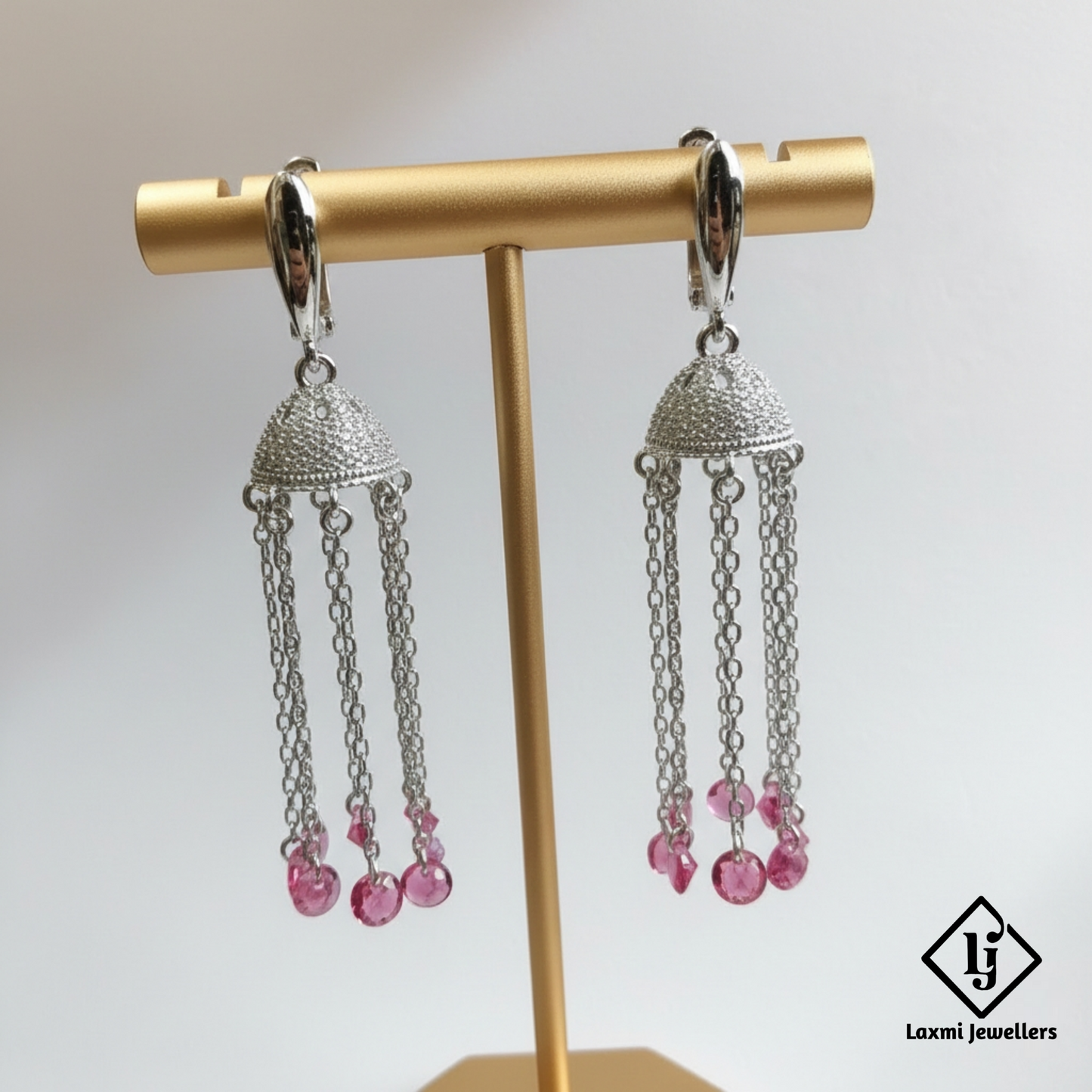 925 Sterling Silver Pink Bead Chain Jhumka Bali Style Earrings for Women | Designer Party Wear Drop Earrings