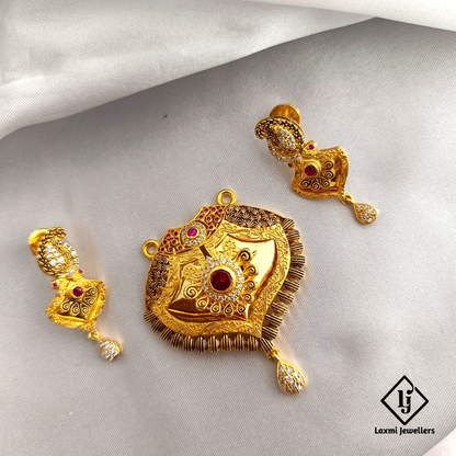 Antique Gold-Plated Pendant Set with Red Stone and Earrings – Traditional Ethnic Jewellery for Women