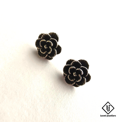 925 Sterling Silver Oxidised Flower Stud Earrings | Handmade Silver Earrings for Women