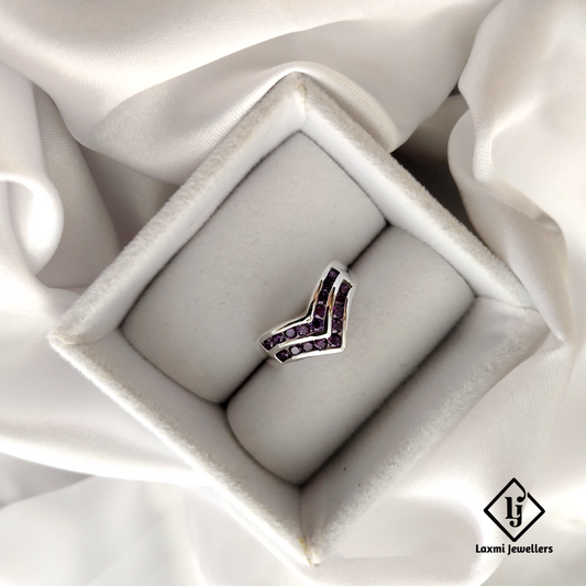 925 Silver V-Shaped Purple CZ Ring for Women – Stylish Party Wear Band
