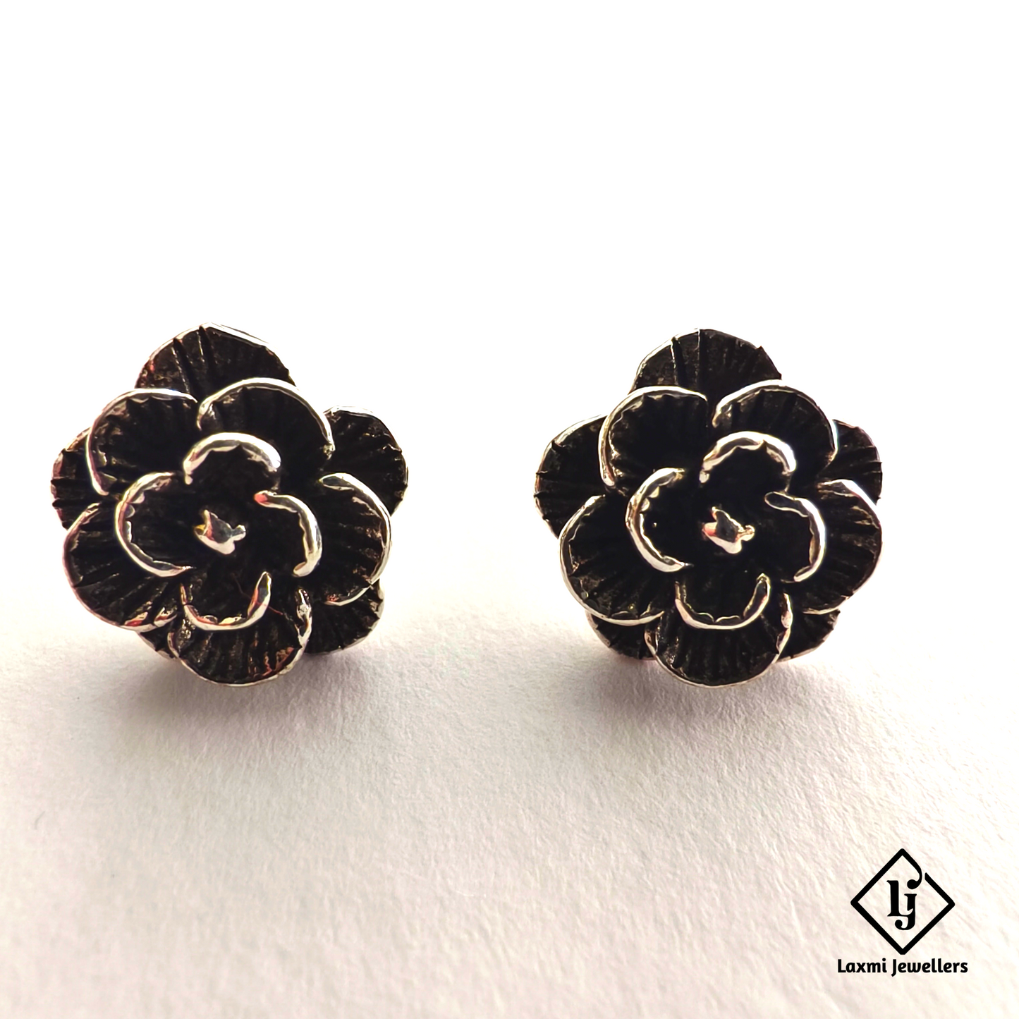 925 Sterling Silver Oxidised Flower Stud Earrings | Handmade Silver Earrings for Women