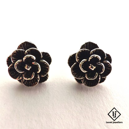 925 Sterling Silver Oxidised Flower Stud Earrings | Handmade Silver Earrings for Women