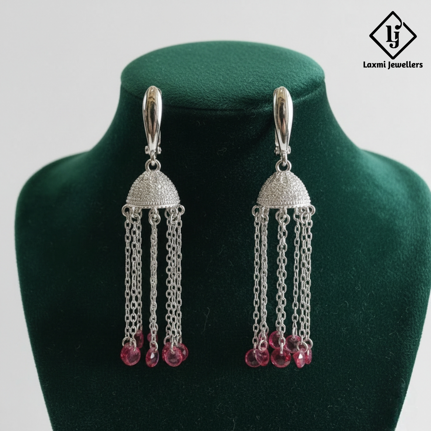 925 Sterling Silver Pink Bead Chain Jhumka Bali Style Earrings for Women | Designer Party Wear Drop Earrings