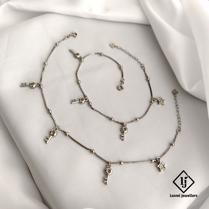 925 Sterling Silver Key & Star Charm Anklet Set for Women & Girls – Trendy Daily Wear Jewelry