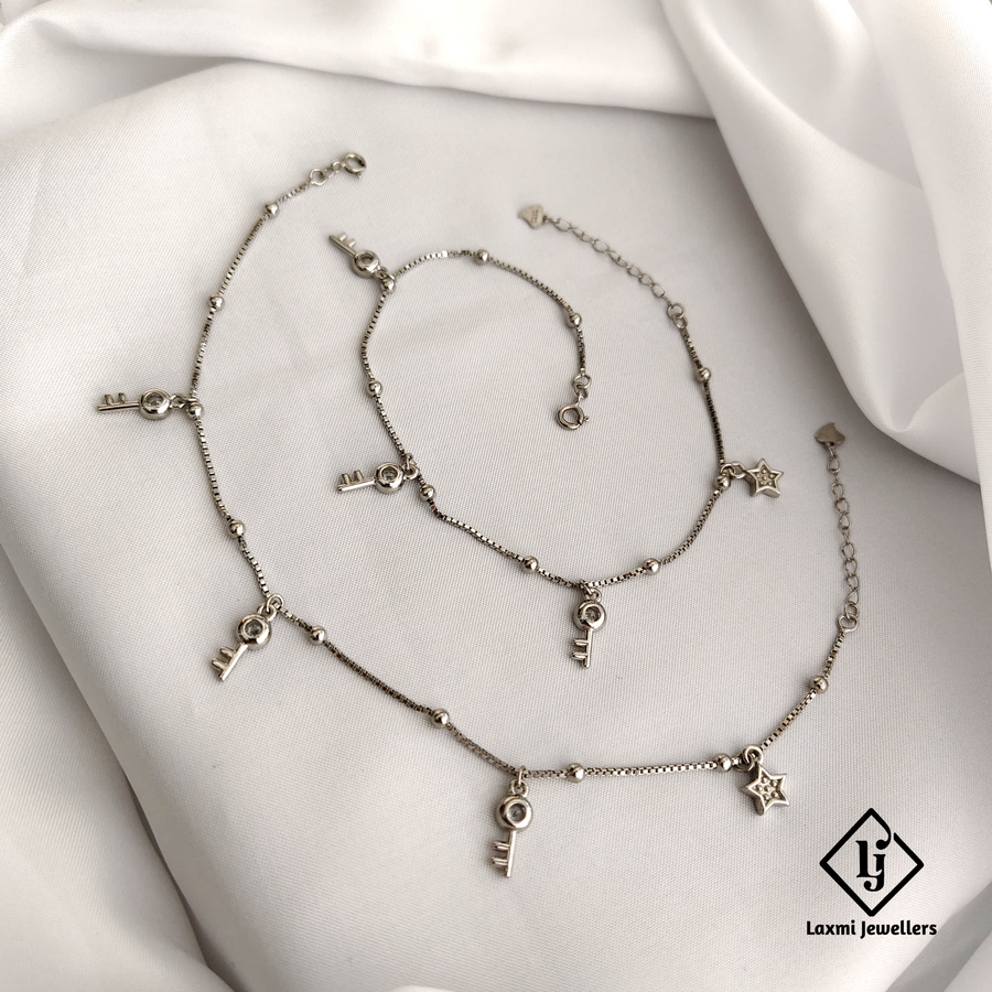 925 Sterling Silver Key & Star Charm Anklet Set for Women & Girls – Trendy Daily Wear Jewelry