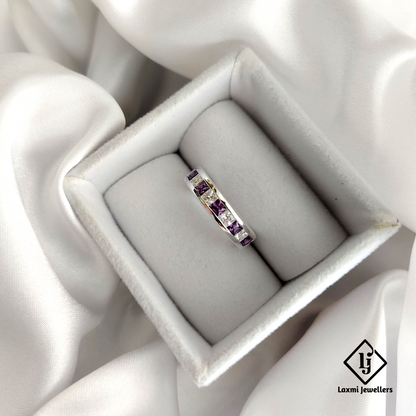 925 Silver Band Ring with Princess-Cut Purple & White CZ Stones – Unisex Elegant Design