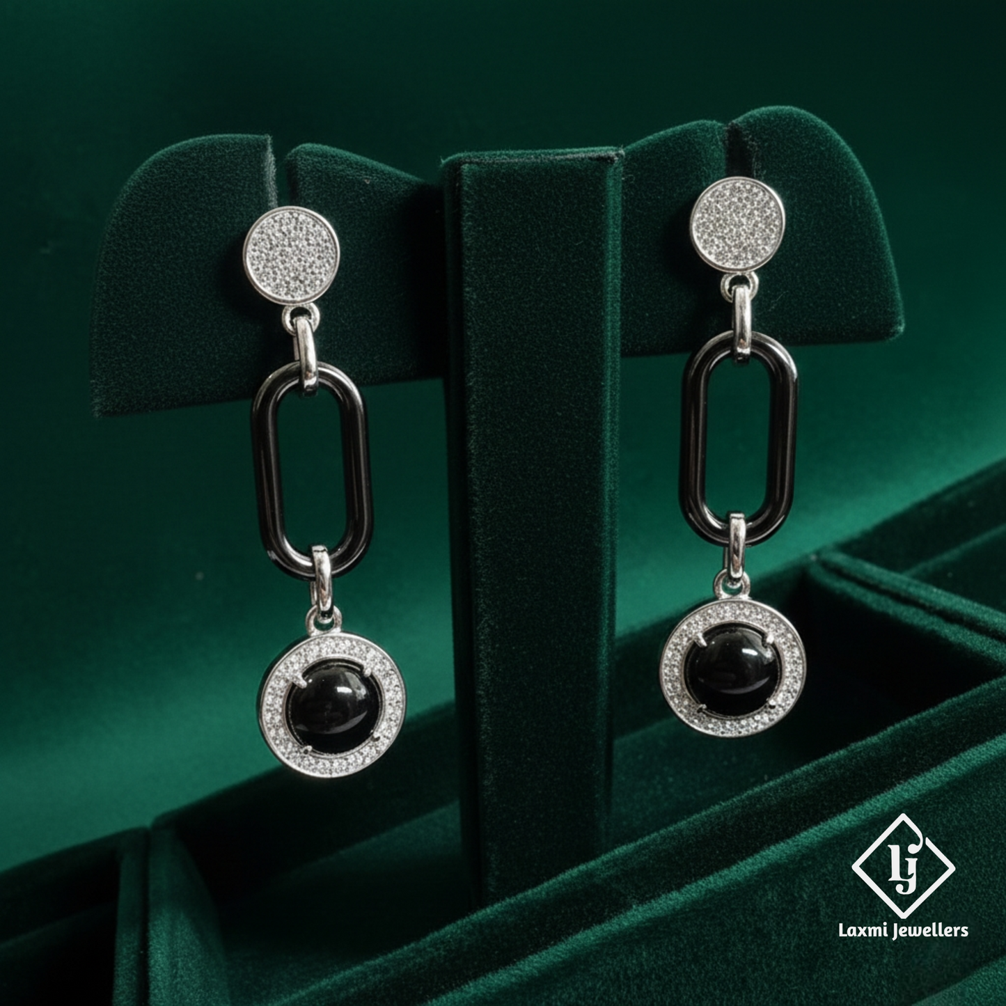 925 Silver Black Stone Designer Drop Earrings for Women | CZ Studded Party Wear Earrings
