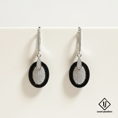 925 Sterling Silver Bali Style Black Stone Oval Drop Earrings | Designer Silver Earrings