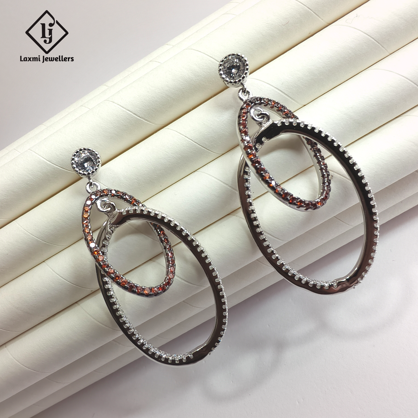925 Silver Dual Oval Hoop Dangler Earrings for Women | Designer CZ Party Wear Earrings
