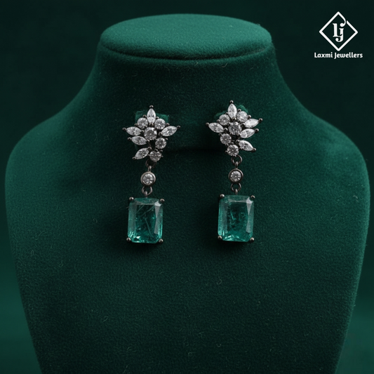 925 Sterling Silver Green Emerald CZ Drop Earrings for Women | Diamond Look Party Wear Earrings