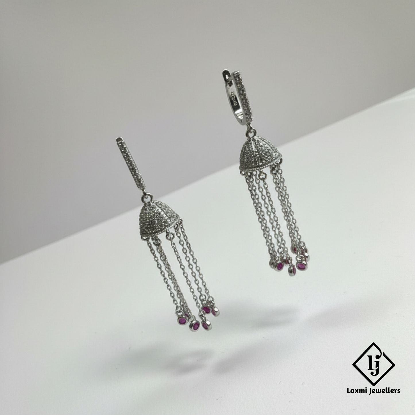 925 Sterling Silver Bali Style Tassel Earrings with Pink Stone | Designer Silver Earrings