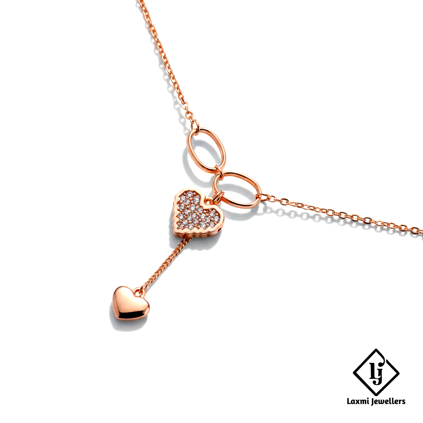 925 Sterling Silver Rose Gold Double Heart Diamond Pendant Necklace for Women | Designer Love Chain