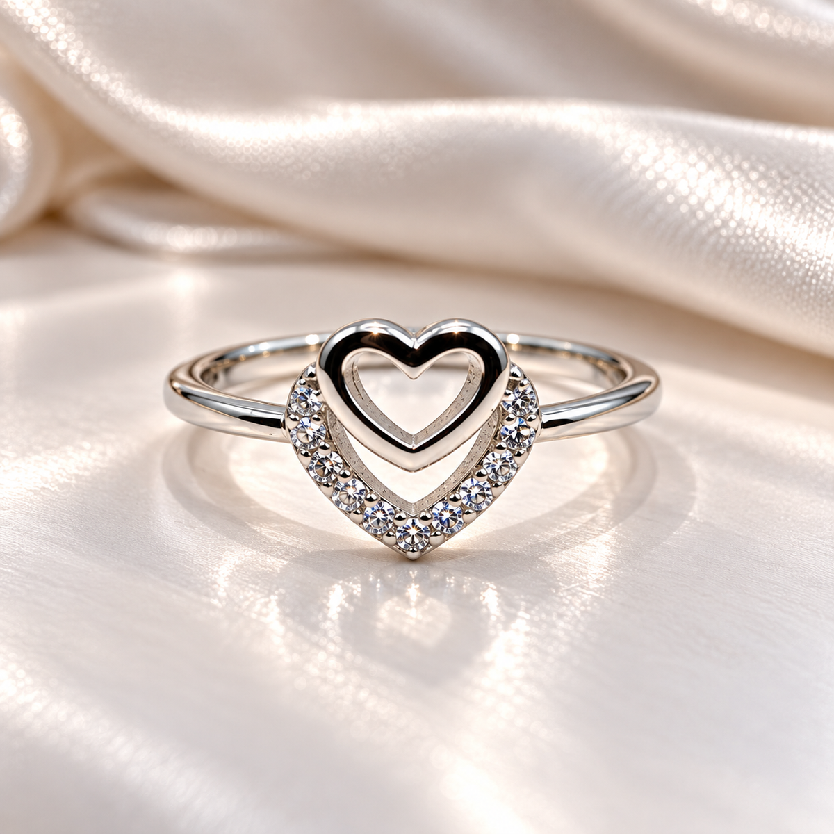 Double Heart Design Silver Ladies Ring with Sparkling Stones | Elegant Heart Ring for Women – Laxmi Jewellers