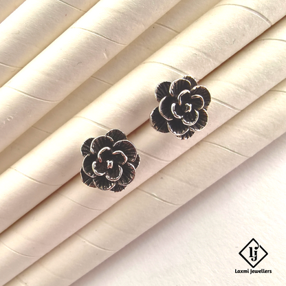 925 Sterling Silver Oxidised Flower Stud Earrings | Handmade Silver Earrings for Women